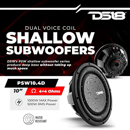 DS18 PSW10.4D 10" Shallow Mount Subwoofer 1000 Watts Max Power 500 Watts RMS Dual Voice Coil 4+4 OHMS Water Resistant - Best Sub for Tight Spaces in Car & Trucks - 1 Speaker