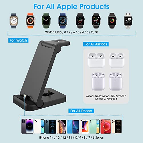 Foldable Charging Station for Apple Multiple Devices, 3 in 1 Fast Wireless Charger for Apple Watch Ultra/8/7/6/5/4/3/2/SE, Charging Dock Stand for iPhone 14/13/12/X/8/7/6 Series, AirPods Pro/3/2/1