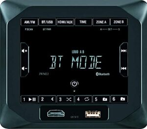 jensen jwm22 2-speaker zones am/fm|bt|hdmi|aux cube wall mount stereo, speaker output 4x 6 watt, 30 station presets (18fm/12am), receives bluetooth audio (a2dp) and controls (avrcp) from devices