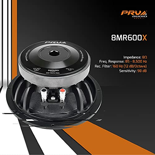 PRV AUDIO 8 Inch Midrange Speaker 8MR600X, 600 Watts Program Power, 8 Ohm, 2 in Dual Layer Voice Coil, 300 Watts RMS Pro Audio Speaker (Single)