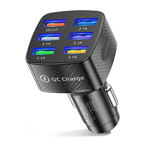 6-Port USB Fast Car Charger, QC3.0 Fast Charging Car Charger Adapter, 6 Multi Port Cigarette Lighter USB Charger, Car Phone Charger Compatible with iPhone & Android,Samsung Galaxy S10 S9 Plus and More