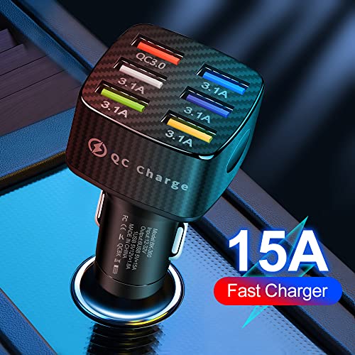 6-Port USB Fast Car Charger, QC3.0 Fast Charging Car Charger Adapter, 6 Multi Port Cigarette Lighter USB Charger, Car Phone Charger Compatible with iPhone & Android,Samsung Galaxy S10 S9 Plus and More