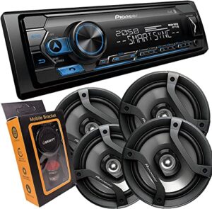 pioneer single din bluetooth digital media receiver with short chassis, supports amazon alexa & spotify + 2 pairs of 6.5″ car speakers (4 speakers)