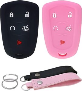waymei silicone key fob cover remote keyless case protector compatible with 2014-2019 cadillac ats ct6 cts escalade escalade esv srx xt5 xts hyq2ab hyq2eb (5 buttons black & pink)