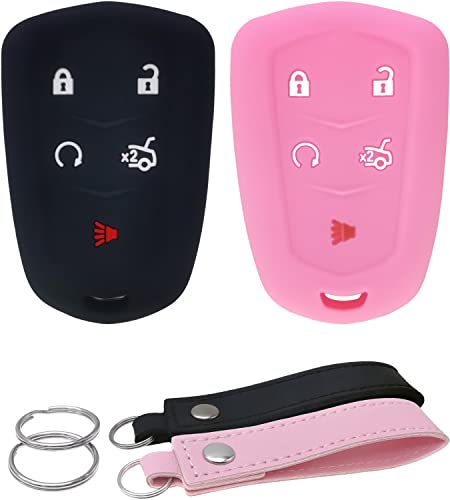 waymei Silicone Key Fob Cover Remote Keyless Case Protector Compatible with 2014-2019 Cadillac ATS CT6 CTS Escalade Escalade ESV SRX XT5 XTS HYQ2AB HYQ2EB (5 Buttons Black & Pink)