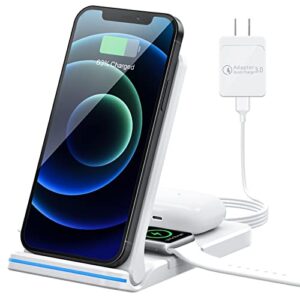 wireless charger 3 in 1 wireless charging station qi fast charger stand for iphone 13/12/11/pro/max/xr/xs/xs max/x /8/8 plus, apple watch, airpods 2/pro, samsung galaxy phone with 18w adapter, white