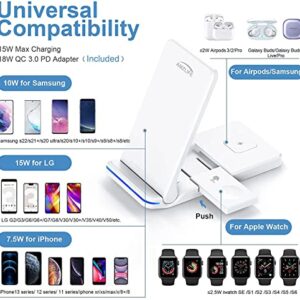 Wireless Charger 3 in 1 Wireless Charging Station Qi Fast Charger Stand for iPhone 13/12/11/Pro/Max/XR/XS/XS Max/X /8/8 Plus, Apple Watch, Airpods 2/Pro, Samsung Galaxy Phone with 18W Adapter, White