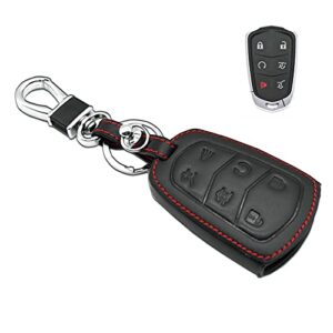 mechcos compatible with 2015-2018 cadillac escalade leather remote key fob cover leather fit for cadillac escalade key fob case holder only for 6 buttons black color