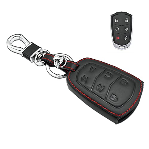 MECHCOS Compatible with 2015-2018 Cadillac Escalade Leather Remote Key fob Cover Leather fit for Cadillac Escalade Key fob case Holder only for 6 Buttons Black Color