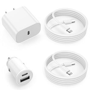 iphone car charger, [apple mfi certified] 20w usb c charger block, 2port pd/qc 3.0 car charger adapter with 2pack 3ft usb c to lightning cable for iphone 14/13/12/11/pro/pro max/xr/x8/ipad/airpods
