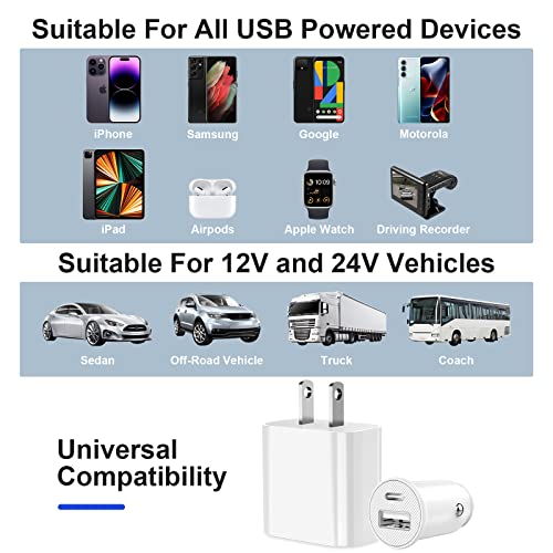 iPhone Car Charger, [Apple MFi Certified] 20w USB C Charger Block, 2Port PD/QC 3.0 Car Charger Adapter with 2Pack 3ft USB C to Lightning Cable for iPhone 14/13/12/11/Pro/Pro Max/XR/X8/iPad/Airpods