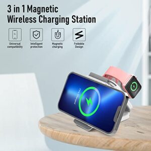 3 in 1 Charger, Magnetic Wireless Charging Station, Charging pad, Travel Charger, 18W Fast Mag-Safe Charger for iPhone 14/13/12/SE/11/XS/8,Samsung Galaxy, AirPods Pro,Apple Watch(Adapter Inc.)-White