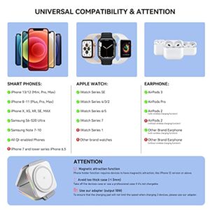 3 in 1 Charger, Magnetic Wireless Charging Station, Charging pad, Travel Charger, 18W Fast Mag-Safe Charger for iPhone 14/13/12/SE/11/XS/8,Samsung Galaxy, AirPods Pro,Apple Watch(Adapter Inc.)-White