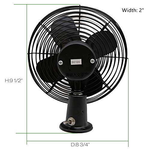 Homdec 12V RV Cooling Fan with 2-Speed Switch, 8.75-Inch Heavy Duty Black Metal Fan, 12Volts Car Fan, use for Auto, Truck, RV, Car, Boat, and Buses (Pack of 1)