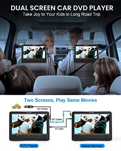 WONNIE 10" Car DVD Player with Dual Screen, Portable Headrest Video Player for Kids, 5 Hours Rechargeable Battery, Support Sync to TV, Last Memory,USB/SD, AV Out&in( 1 Player+1 Monitor)