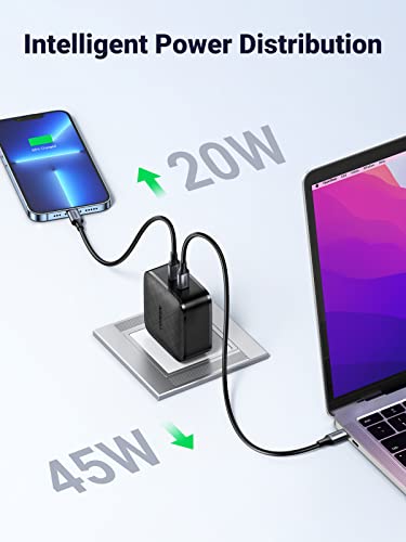 UGREEN 66w USB C Charger, 2 Ports Foldable Wall Charger, PD 65W Charger Power Adapter Compatible with MacBook, Dell/HP Laptops, iPad, iPhone 14, Galaxy S22/S21, Steam Deck, and More