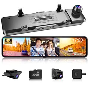 vvcar 4k mirror dash cam, 3 channels rear view mirror camera for car, 11″ touch screen, waterproof backup, night vision, parking assistance, g-sensor, 32gb tf card & gps, usb type-c