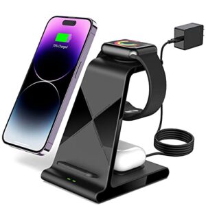 aukvite 3 in 1 wireless charging station apple, wireless watch charger dock for iwatch series 8 7 6 5 4 3 2 airpods, phone charger stand compatible with iphone 14 pro max 13 12 pro samsung s22(black)
