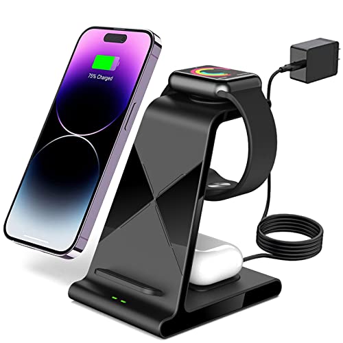 Aukvite 3 in 1 Wireless Charging Station Apple, Wireless Watch Charger Dock for iWatch Series 8 7 6 5 4 3 2 AirPods, Phone Charger Stand Compatible with iPhone 14 Pro max 13 12 Pro Samsung S22(Black)