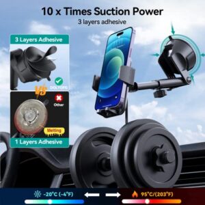 Car Phone Holder Mount, [Military-Grade Suction & Super Sturdy Base] 3 in 1 Universal Phone Mount For Car Dashboard Windshield Air Vent Hands Free Car Phone Mount for iPhone Android All Smartphone