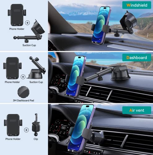 Car Phone Holder Mount, [Military-Grade Suction & Super Sturdy Base] 3 in 1 Universal Phone Mount For Car Dashboard Windshield Air Vent Hands Free Car Phone Mount for iPhone Android All Smartphone