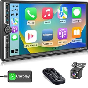 double din car stereo with voice control carplay, bluetooth, mirror link, 7 inch full hd capacitive touchscreen, backup camera, subw, steering wheel control, usb/tf, fm/am car radio receiver