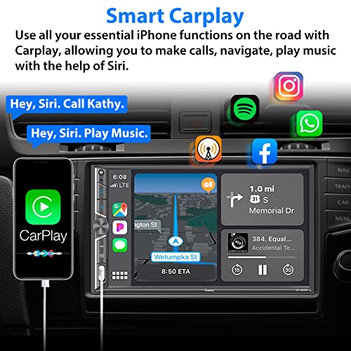 Double Din Car Stereo with Voice Control CarPlay, Bluetooth, Mirror Link, 7 Inch Full HD Capacitive Touchscreen, Backup Camera, Subw, Steering Wheel Control, USB/TF, FM/AM Car Radio Receiver