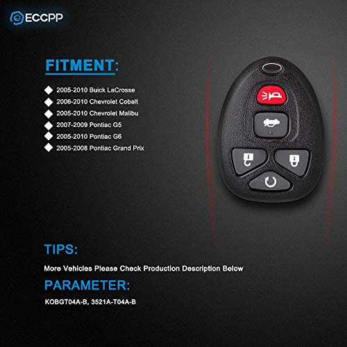 ECCPP 1X Replacement Uncut Keyless Entry Remote Control Car Key Fob (Shell Case) for Chevy Malibu/Cobalt for Buick LaCrosse/for Pontiac G5 G6 Grand Prix KOBGT04A