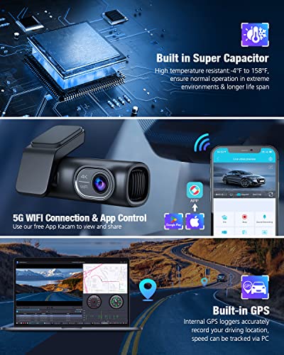 OMBAR Dash Cam Front and Rear 4K/2K/1080P+1080P 5G WiFi GPS, Dash Camera for Cars with Free 64G SD Card, Dual Dash Cam with WDR Night Vision, 24h Parking Mode,170°Wide, G-Sensor, Loop Recording, APP