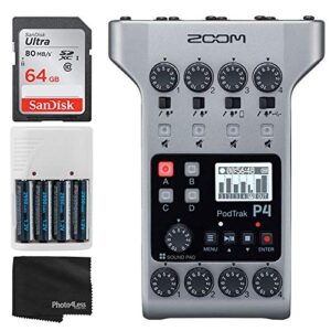 zoom podtrak p4 portable multitrack podcast recorder + 64gb ultra sdxc memory card + 4x aa batteries & charger + cleaning cloth – ultimate podcasting bundle
