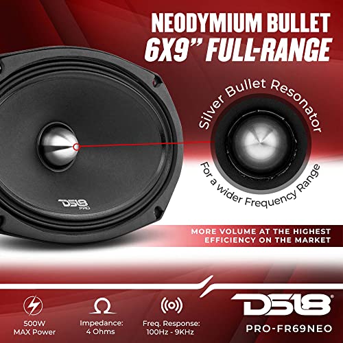 DS18 PRO-FR69NEO 6x9 Full-Range Loudspeaker - Silver Aluminum Bullet 500W Max 250W RMS 4-Ohms Grill Included Neodymium Magnet - Best Fullrange Car Audio Door Speaker - 2 Speakers