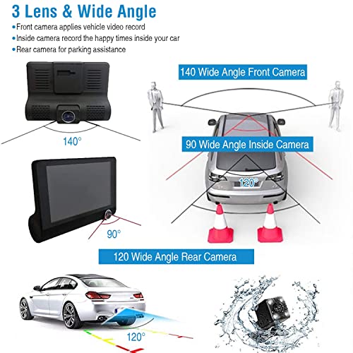 iMountek Dash Cam, 1296P 3 Lens Car Dash Camera Front Inside and Rear Camera 4 in Car Camera 140°Wide Angle Looping Recording G-Sensor, Max Support 32GB Card HDR Motion Detectionfor Car Parking