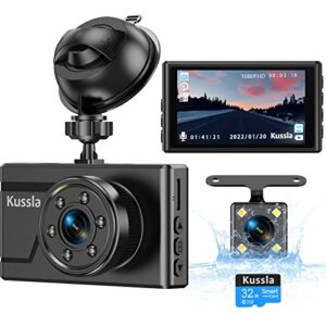 dash cam front and rear, kussla fhd 1080p pro dash cam with infrared night vision,3inch dash camera with sd card, dual dash cam parking mode, wdr, accident lock, loop recording, motion detection