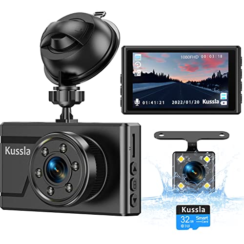 Dash Cam Front and Rear, Kussla FHD 1080P Pro Dash Cam with Infrared Night Vision,3inch Dash Camera with SD Card, Dual Dash Cam Parking Mode, WDR, Accident Lock, Loop Recording, Motion Detection