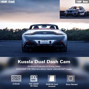 Dash Cam Front and Rear, Kussla FHD 1080P Pro Dash Cam with Infrared Night Vision,3inch Dash Camera with SD Card, Dual Dash Cam Parking Mode, WDR, Accident Lock, Loop Recording, Motion Detection