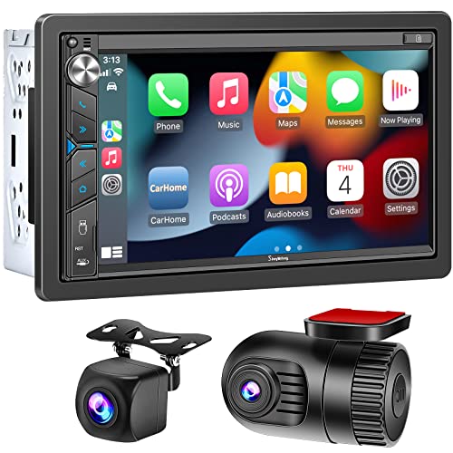 7" Double Din Car Stereo with Dash Cam, Supporting Carplay, Android Auto, Bluetooth, AHD Backup Camera, Full HD Touchscreen, Mirror Link, Subw, USB/TF/AUX, AM/FM Car Radio