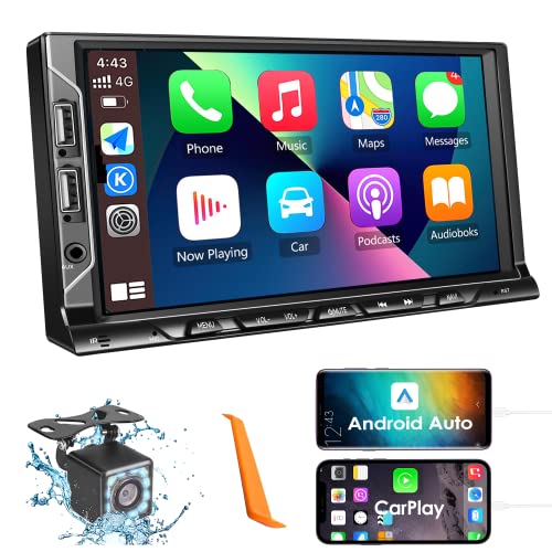 Double Din Car Stereo with Apple Carplay and Android Auto, Car Audio Receiver with Voice Control, 7 Inch Touchscreen Car Radio, Bluetooth, FM, AV in/USB Port, Mirror Link, Backup Camera