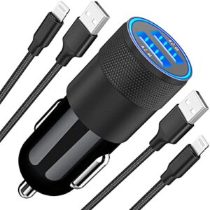 [apple mfi certified] iphone fast car charger, braveridge 4.8a dual usb power rapid car charger with 2 pack lightning braided cable quick car charge for iphone 14 13 12 11 pro max/xs/xr/x/ipad/airpods