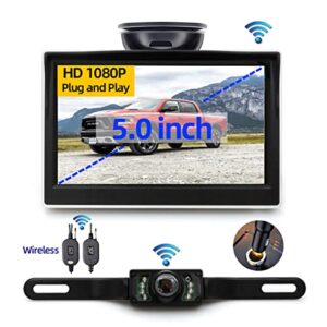 AUCELI Car Backup Camera, IP67 Waterproof Clear Night Vision Reverse Camera, HD 1080P 5 Inch Rear View Monitor System, Two Channels Car License Plate Camera Kit for Car Truck Van SUV and More