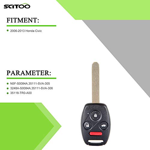 SCITOO 2pcs Uncut Car Key Fob Keyless Entry Remote Replacement for 2006-2013 for Civic FCC 35111-SVA-305 35111-SVA-306 35118-TR0-A00 4 Buttons