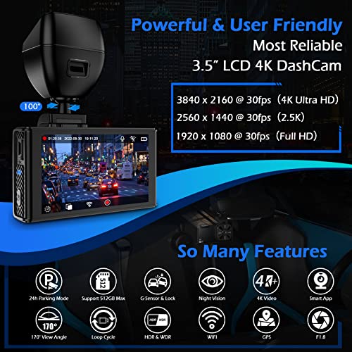 ONDASHCAM O1 4K Dash Cam with Built-in WiFi GPS, 2160P UHD Dash Camera for Cars, 3.5" LCD Dashcam for Cars with 32GB Card, 170° Wide Angle, WDR, Night Vision, G-Sensor, Parking Mode, Support 512GB Max