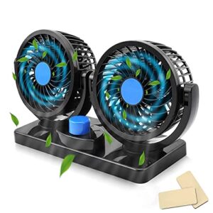 car fan 12v, electric car cooling fan with 360 degree adjustable dual head that plugs into cigarette lighter/quiet noise auto fan for car truck van suv rv boat golf vehicles