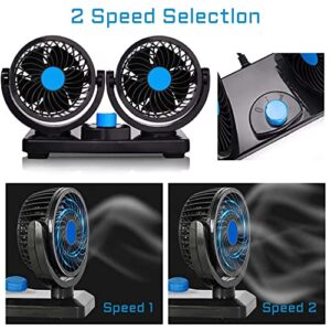 Car Fan 12V, Electric Car Cooling Fan with 360 Degree Adjustable Dual Head That Plugs into Cigarette Lighter/Quiet Noise Auto Fan for Car Truck Van SUV RV Boat Golf Vehicles