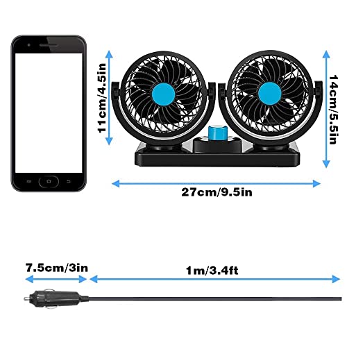 Car Fan 12V, Electric Car Cooling Fan with 360 Degree Adjustable Dual Head That Plugs into Cigarette Lighter/Quiet Noise Auto Fan for Car Truck Van SUV RV Boat Golf Vehicles