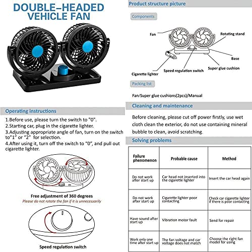 Car Fan 12V, Electric Car Cooling Fan with 360 Degree Adjustable Dual Head That Plugs into Cigarette Lighter/Quiet Noise Auto Fan for Car Truck Van SUV RV Boat Golf Vehicles