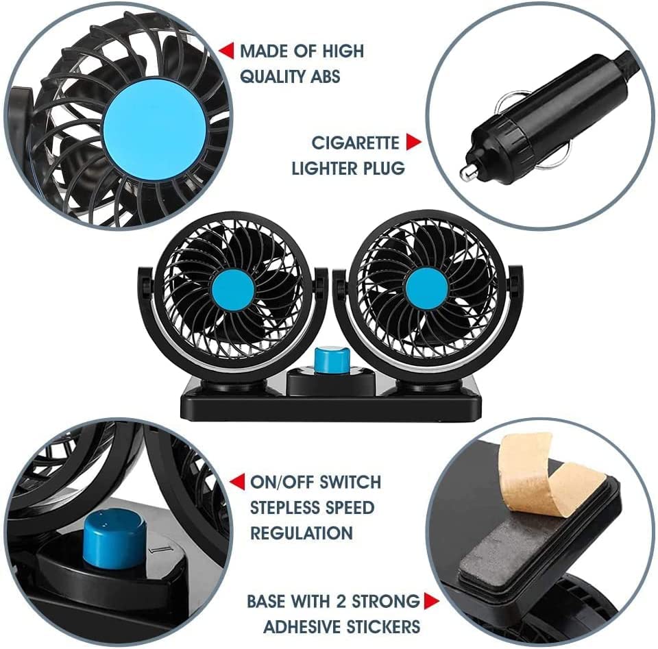 Car Fan 12V, Electric Car Cooling Fan with 360 Degree Adjustable Dual Head That Plugs into Cigarette Lighter/Quiet Noise Auto Fan for Car Truck Van SUV RV Boat Golf Vehicles