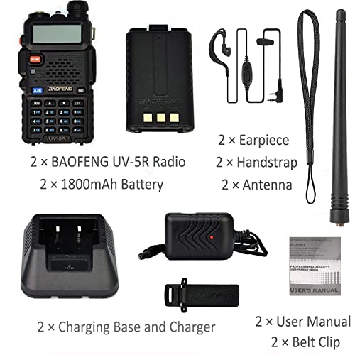 BAOFENG UV5R Radio, Handheld Ham Radio Long Range, Rechargeable Two Way Radios, Portable Walkie Talkies for Adults with Earpiece, Dual Band Programmable Radio with Programming Cable(2 Pack)