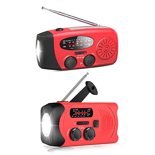 [Upgraded Version] Emergency Weather AM/FM NOAA Solar Powered Wind up Radio with LED Flashlight, 1000/2000mAh Power Bank for Cell Phone and LED Flashlight (Red)