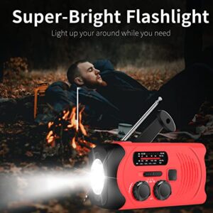[Upgraded Version] Emergency Weather AM/FM NOAA Solar Powered Wind up Radio with LED Flashlight, 1000/2000mAh Power Bank for Cell Phone and LED Flashlight (Red)
