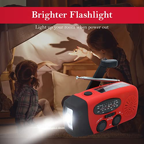 [Upgraded Version] Emergency Weather AM/FM NOAA Solar Powered Wind up Radio with LED Flashlight, 1000/2000mAh Power Bank for Cell Phone and LED Flashlight (Red)